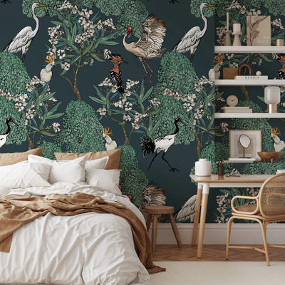 White Oleander on Green Wallpaper - Floral Wallpaper In Traditional Style - Peel and Stick Wallpaper - I Heart Wall Art
