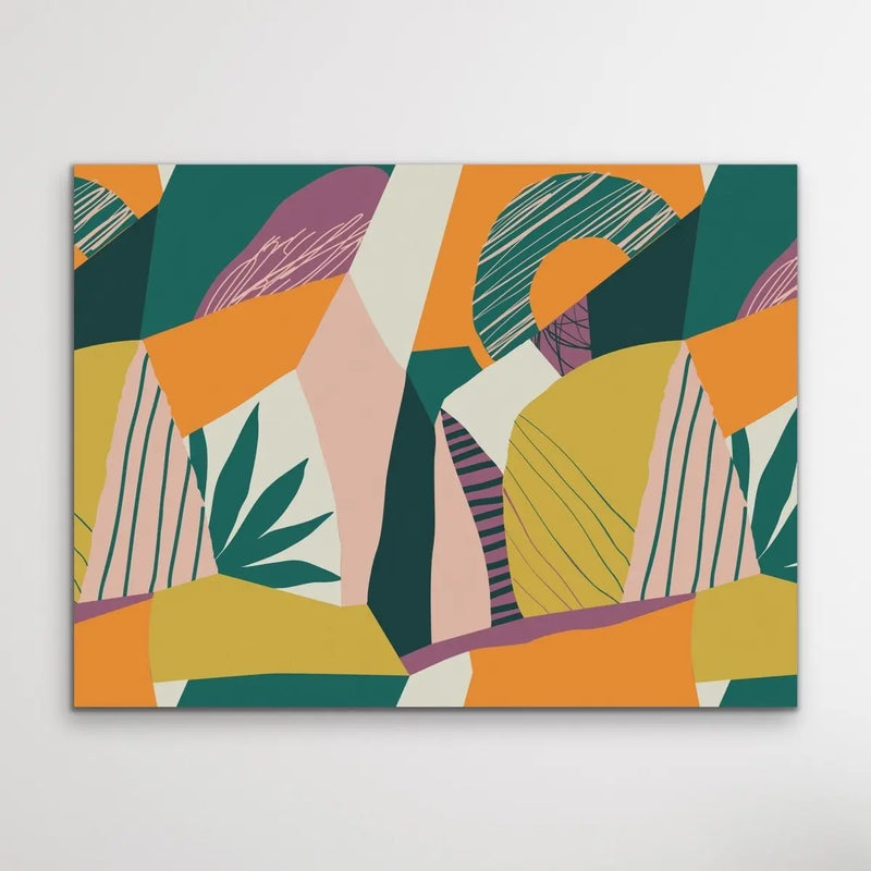 Wilderness- Green Orange Jungle Foliage Monstera Graphic Wall Art Print  on Canvas