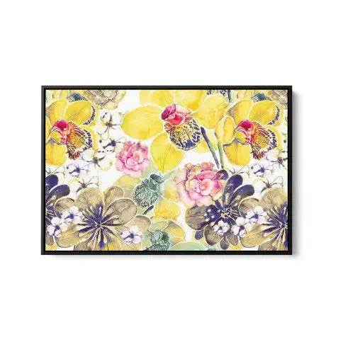 Yellow Orchids - Yellow Floral Canvas Wall Art Print With Grey and Red Tones