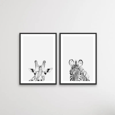 Zebra and Giraffe Sketches - Two Piece Line Drawing Set of Art or Canvas Prints Diptych I Heart Wall Art Australia