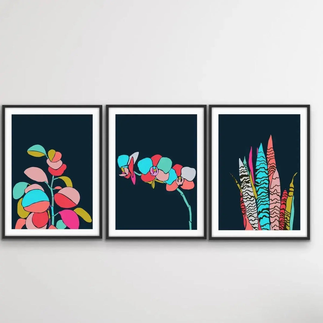 A Botanical Rainbow - Three Piece Blue Jungle Canvas Print Set Triptych - I Heart Wall Art - Poster Print, Canvas Print or Framed Art Print