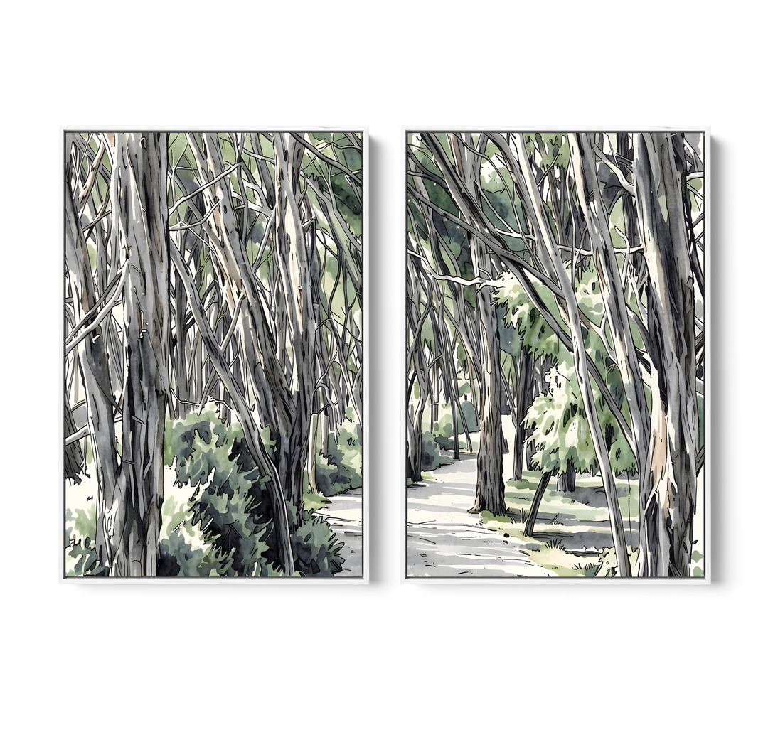 Two framed watercolor art prints of australian eucalyptus forest path with muted gray and green tones wall art