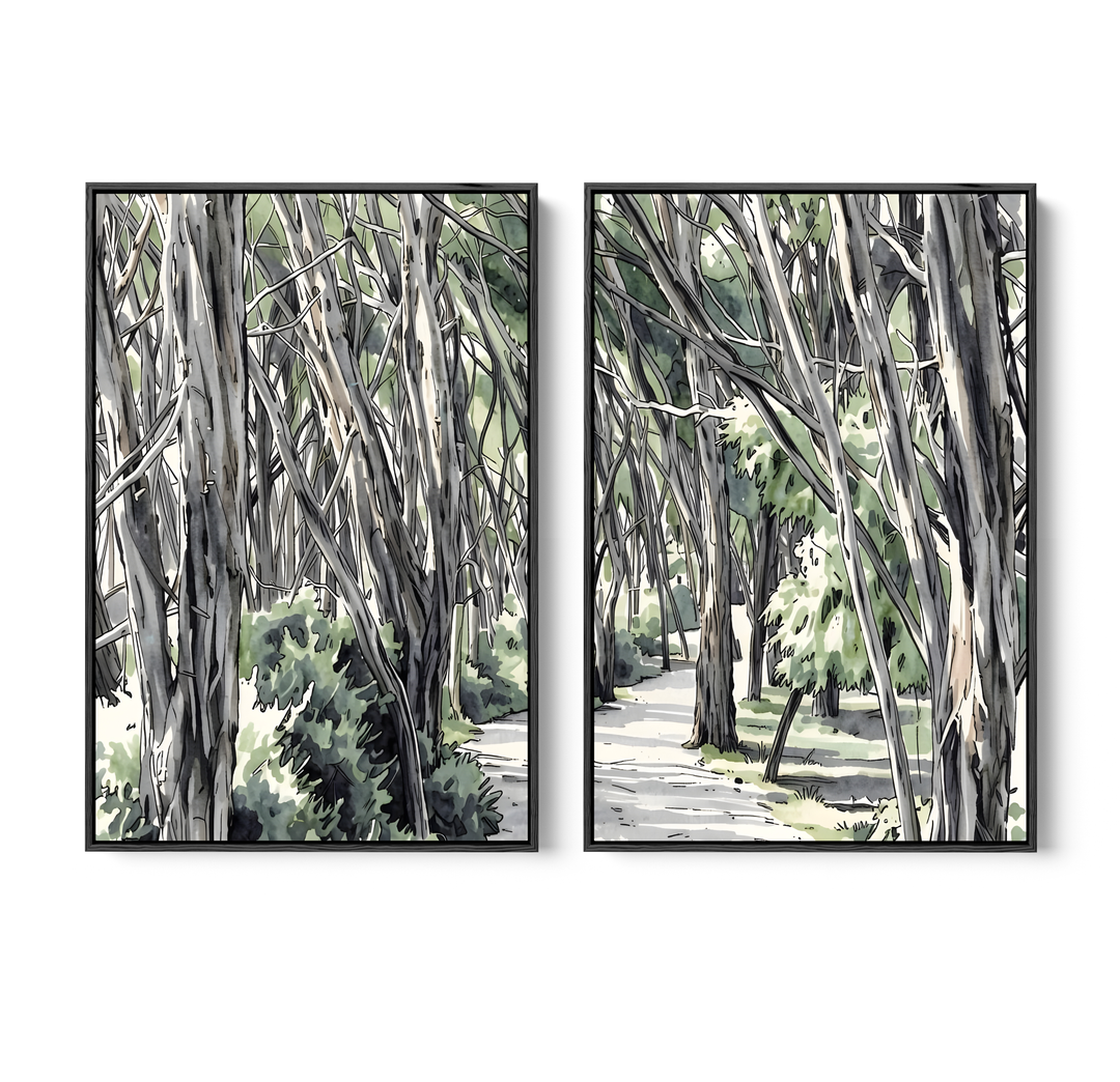 Two framed watercolor forest art prints in black frames featuring gray and green eucalyptus trees for wall decor