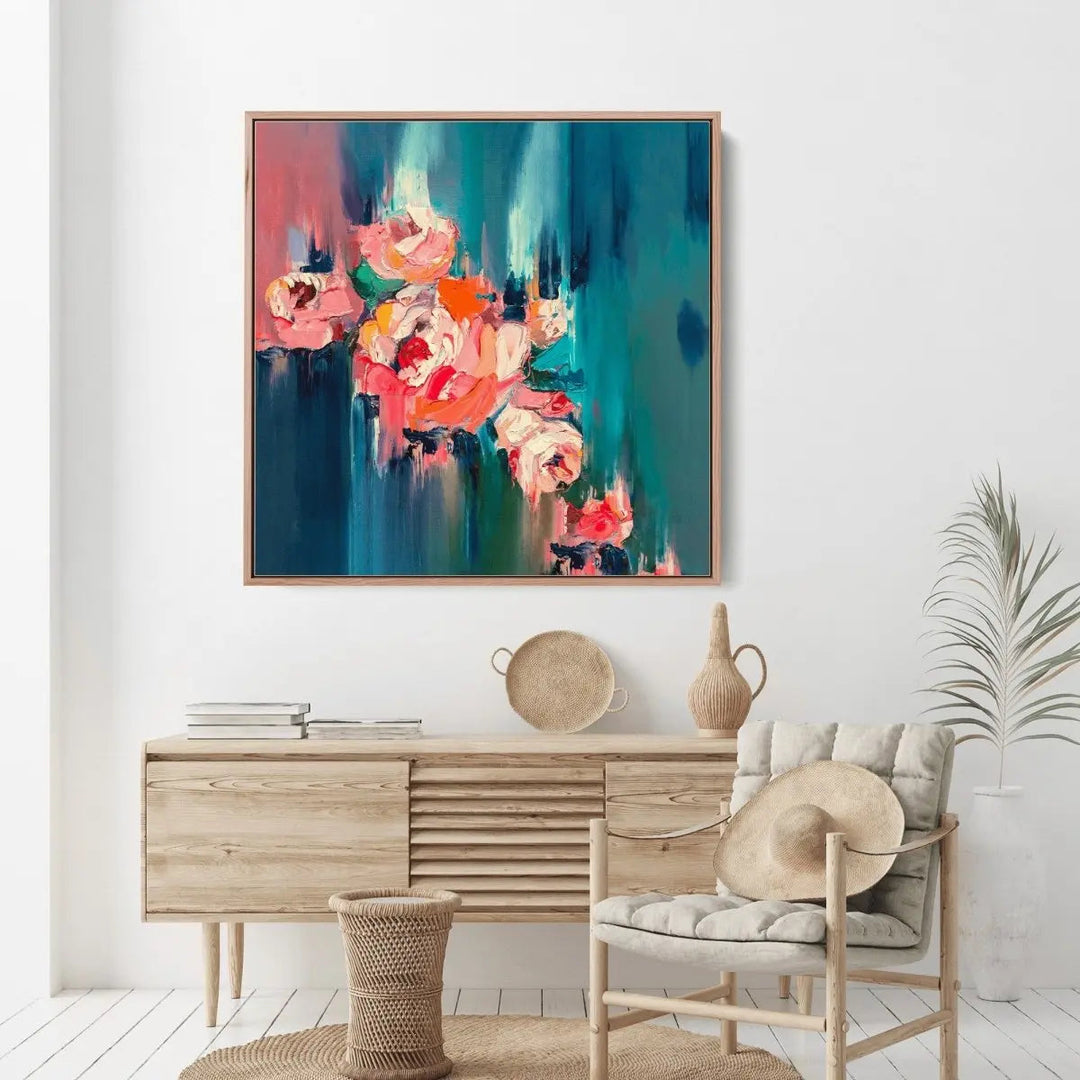 A Golden Day - Abstract Pink and Green Floral Canvas Artwork Wall Art Print - I Heart Wall Art - Poster Print, Canvas Print or Framed Art Print