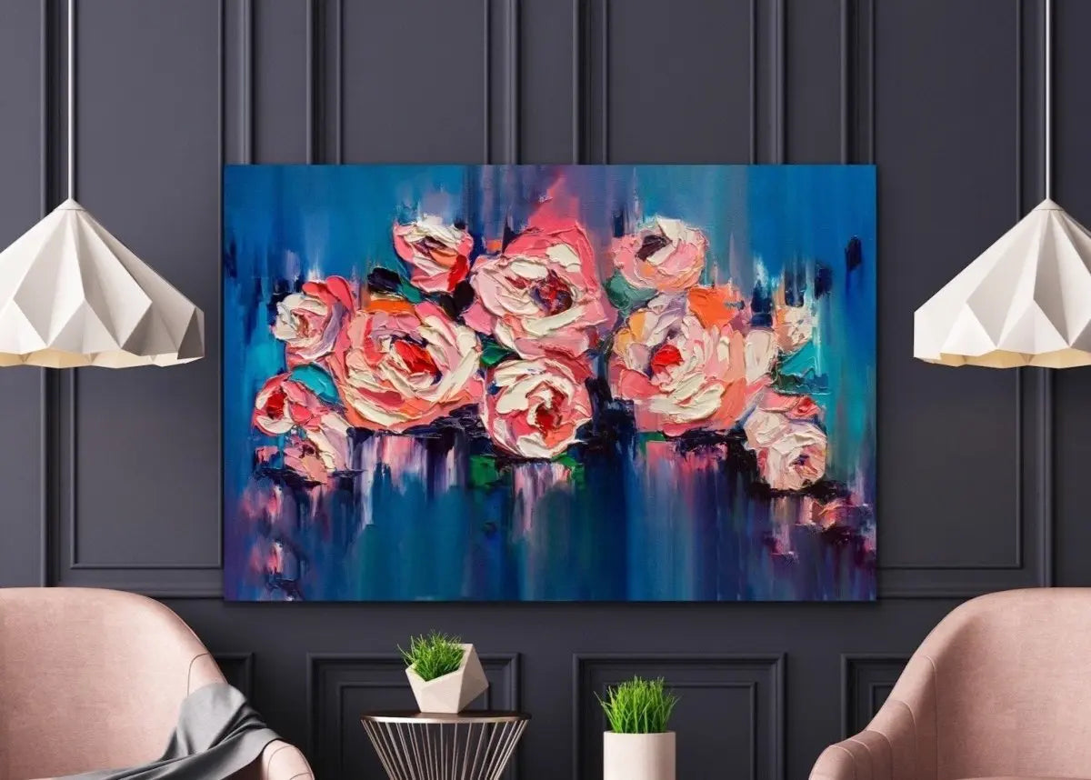 A Golden Day- Bright Floral Abstract Artwork With Flowers Oil Painting Wall Art Print - I Heart Wall Art - Poster Print, Canvas Print or Framed Art Print