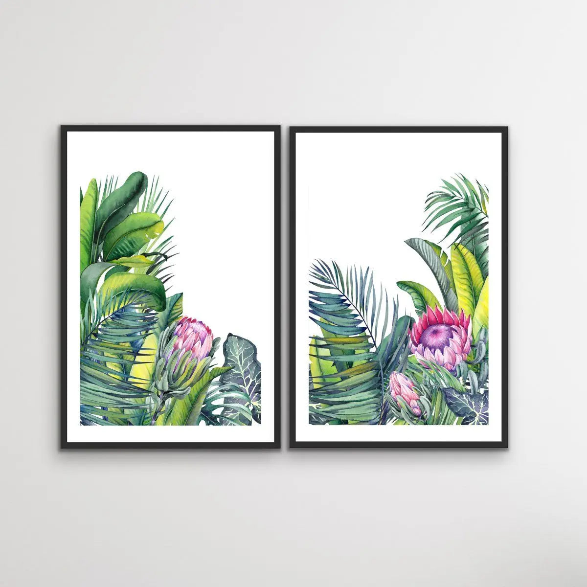 A Green Oasis - Two Piece Tropical Garden Watercolour Wall Art Print Set Diptych - I Heart Wall Art - Poster Print, Canvas Print or Framed Art Print