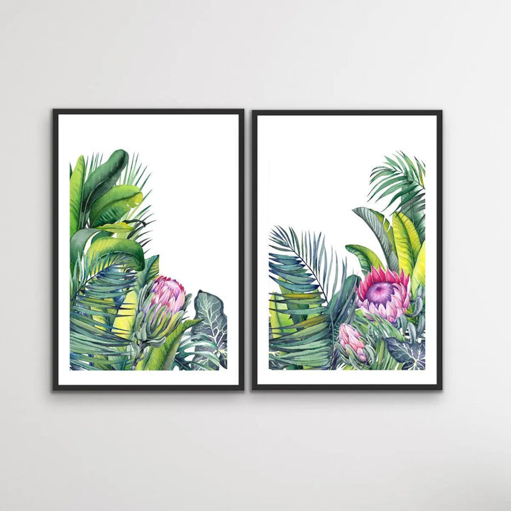 A Green Oasis - Two Piece Tropical Garden Watercolour Wall Art Print Set Diptych - I Heart Wall Art - Poster Print, Canvas Print or Framed Art Print
