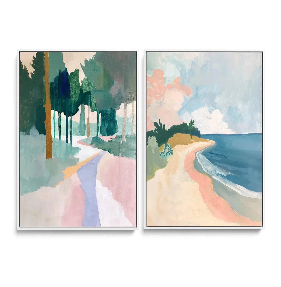 A long weekend two piece pastel print set featuring framed abstract landscape paintings with soft greens pinks and muted blues