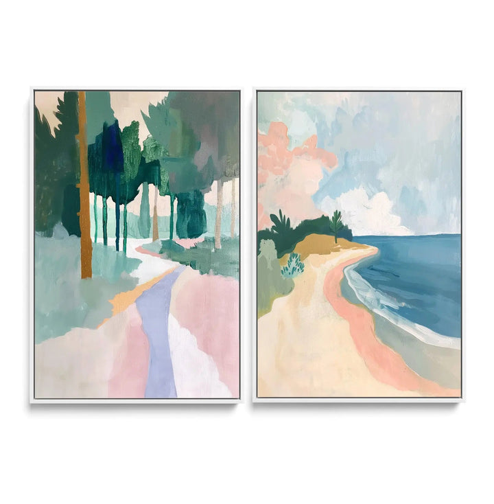 A long weekend two piece pastel print set featuring framed abstract landscape paintings with soft greens pinks and muted blues