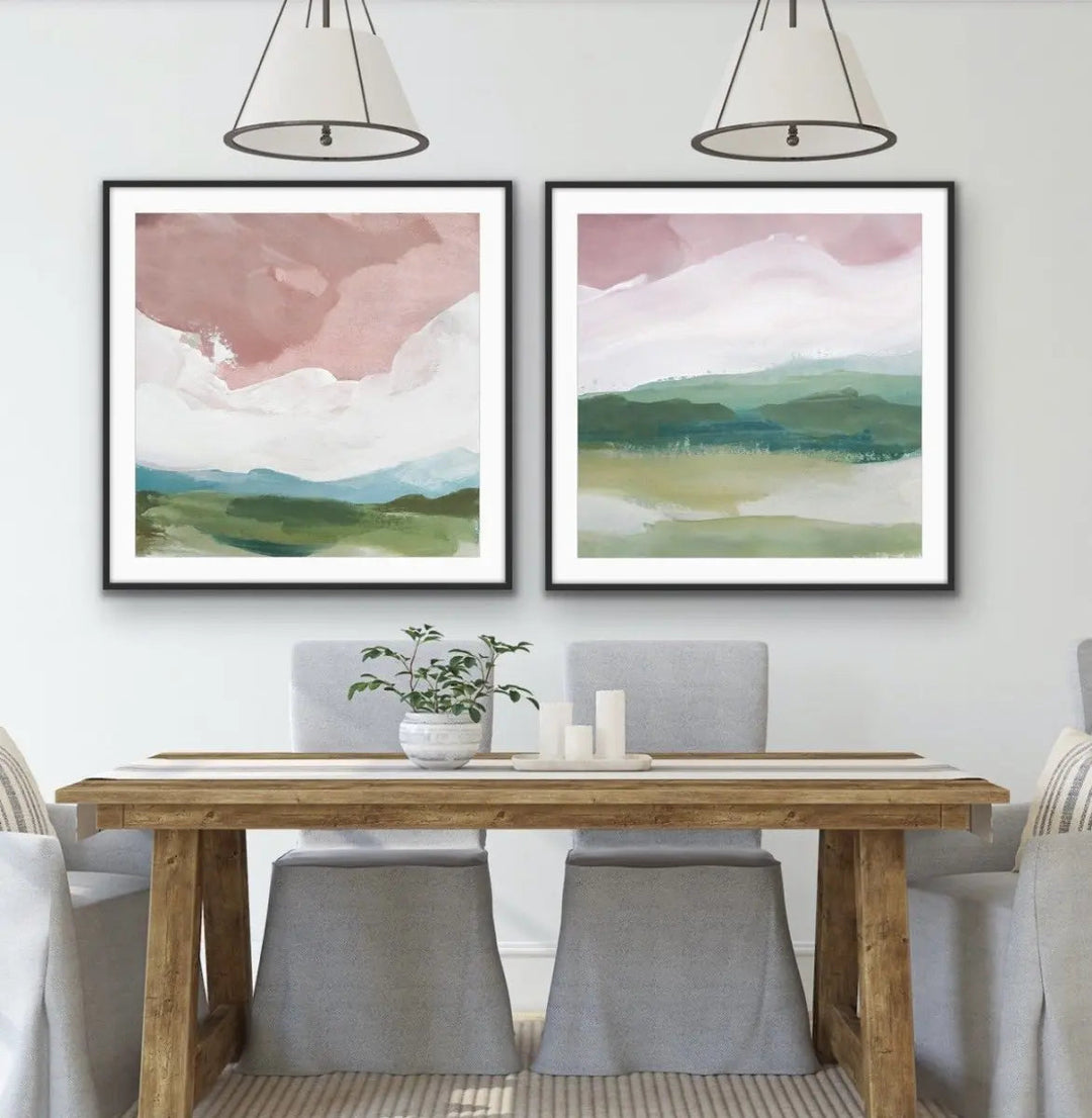 A Magic Place - Two Piece Square Pink and Green Abstract Print Set - I Heart Wall Art - Poster Print, Canvas Print or Framed Art Print