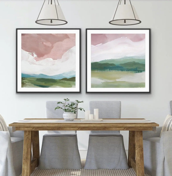 A Magic Place - Two Piece Square Pink and Green Abstract Print Set - I Heart Wall Art - Poster Print, Canvas Print or Framed Art Print