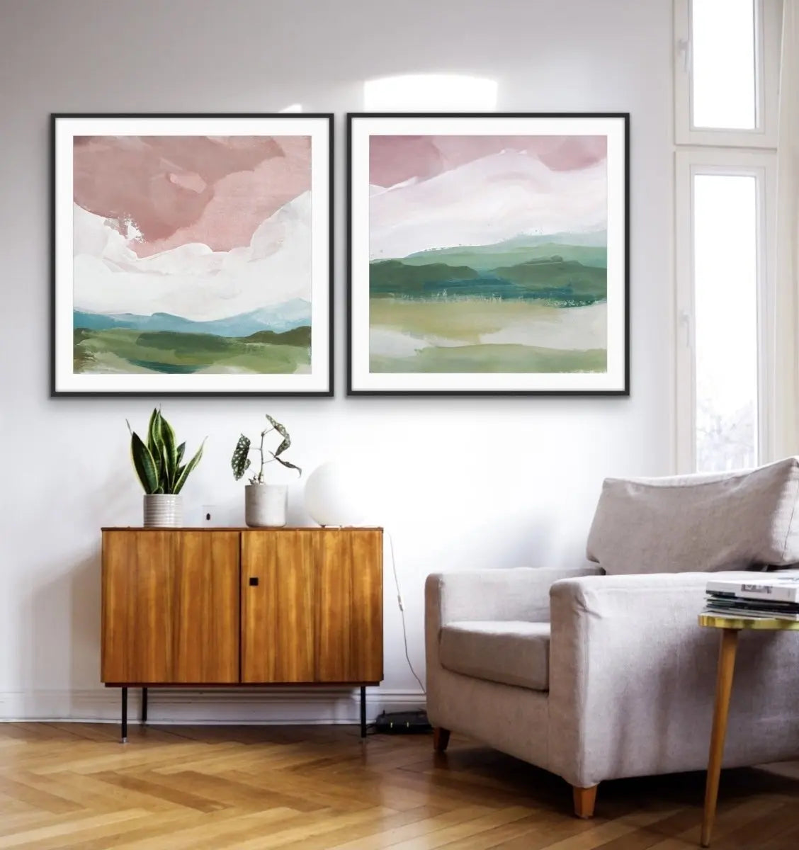 A Magic Place - Two Piece Square Pink and Green Abstract Print Set - I Heart Wall Art - Poster Print, Canvas Print or Framed Art Print