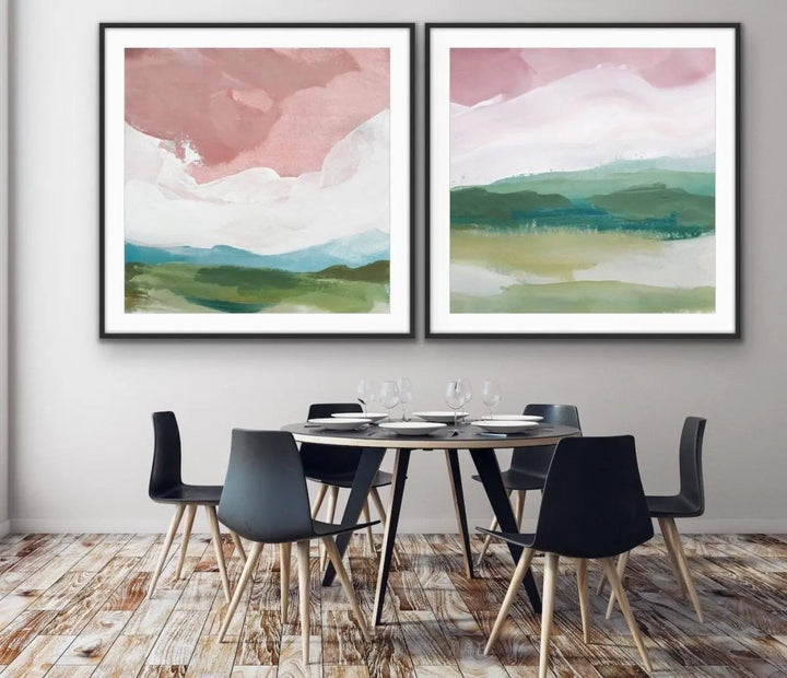A Magic Place - Two Piece Square Pink and Green Abstract Print Set - I Heart Wall Art - Poster Print, Canvas Print or Framed Art Print