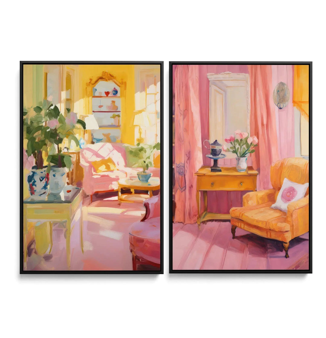 A pair of framed paintings showing cozy sunlit living rooms in warm pastel tones for reading spaces