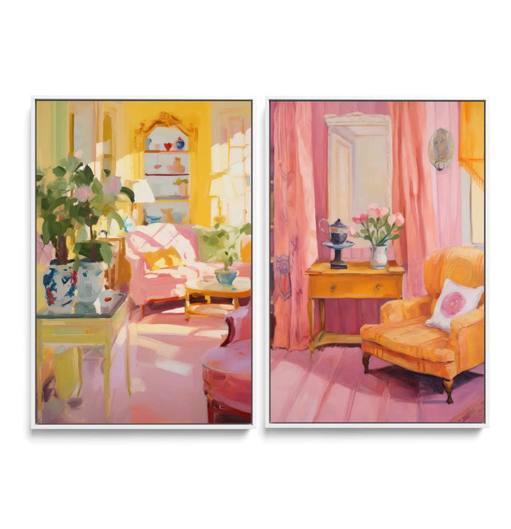Pair of vibrant impressionistic still life prints in warm pastel tones depicting cozy living room scenes for reading spaces