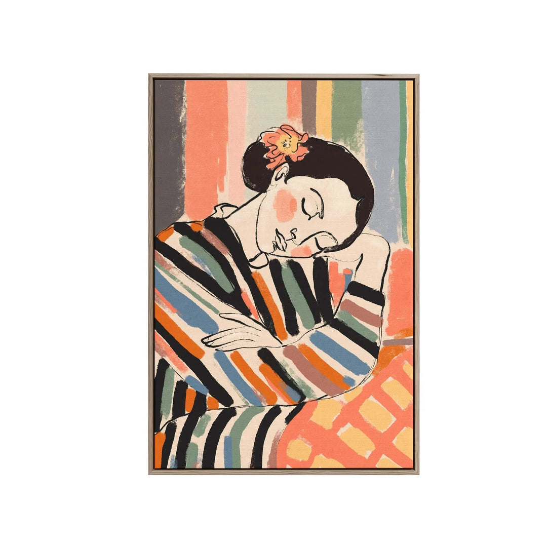 A framed fine art print titled a short nap by treechild showing a woman in striped attire with a flower in her hair in bold colors