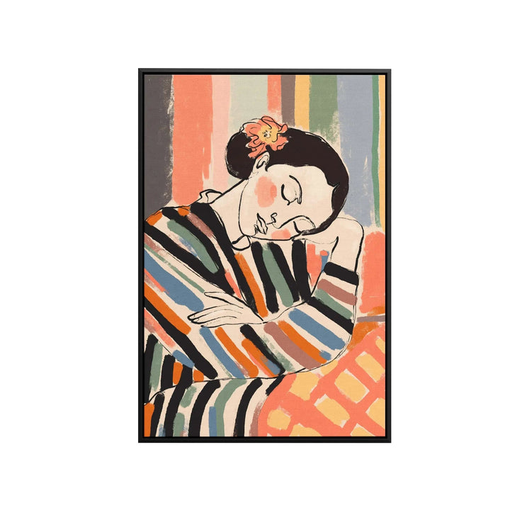 A framed fine art print titled a short nap by treechild featuring a woman in a striped garment with an orange flower