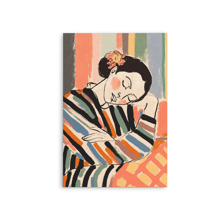 A short nap by treechild stretched canvas print featuring a woman in bold orange and blue stripes against color blocks
