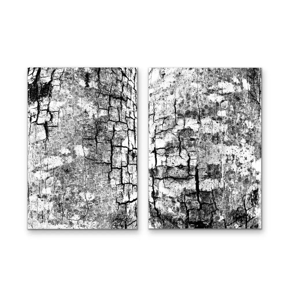 A black and white abstract wall art canvas print depicting textured cracked surfaces resembling aged tree bark