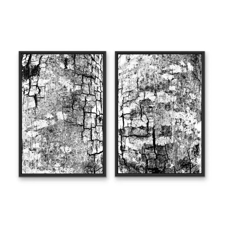 Black-framed abstract wall art stretched canvas print with textured cracked bark patterns in grayscale tones