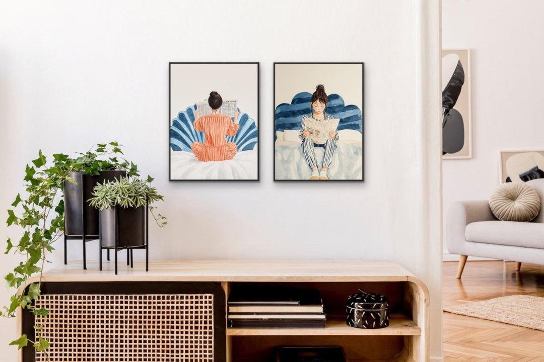 A Time To Learn - Two Piece Blue &amp; Orange Watercolour Set, Stretched Canvas or Wall Art Print - I Heart Wall Art - Poster Print, Canvas Print or Framed Art Print