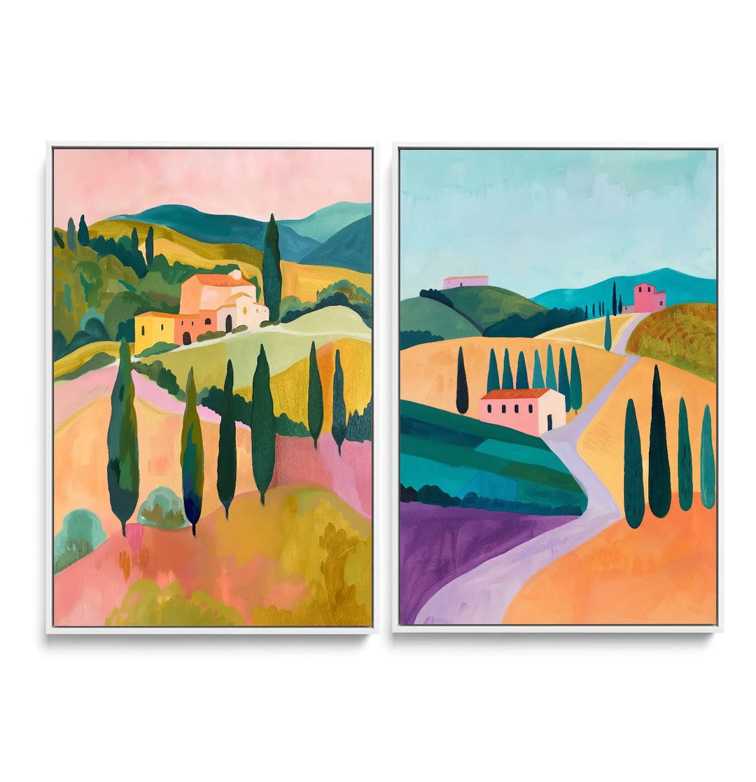 Two framed abstract landscape paintings of tuscan hills cypress trees and houses in vibrant pastel hues on canvas print