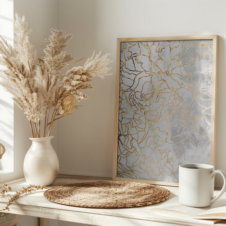 Abstract gold peonies line art concrete - Stretched Canvas, Poster or Fine Art Print I Heart Wall Art