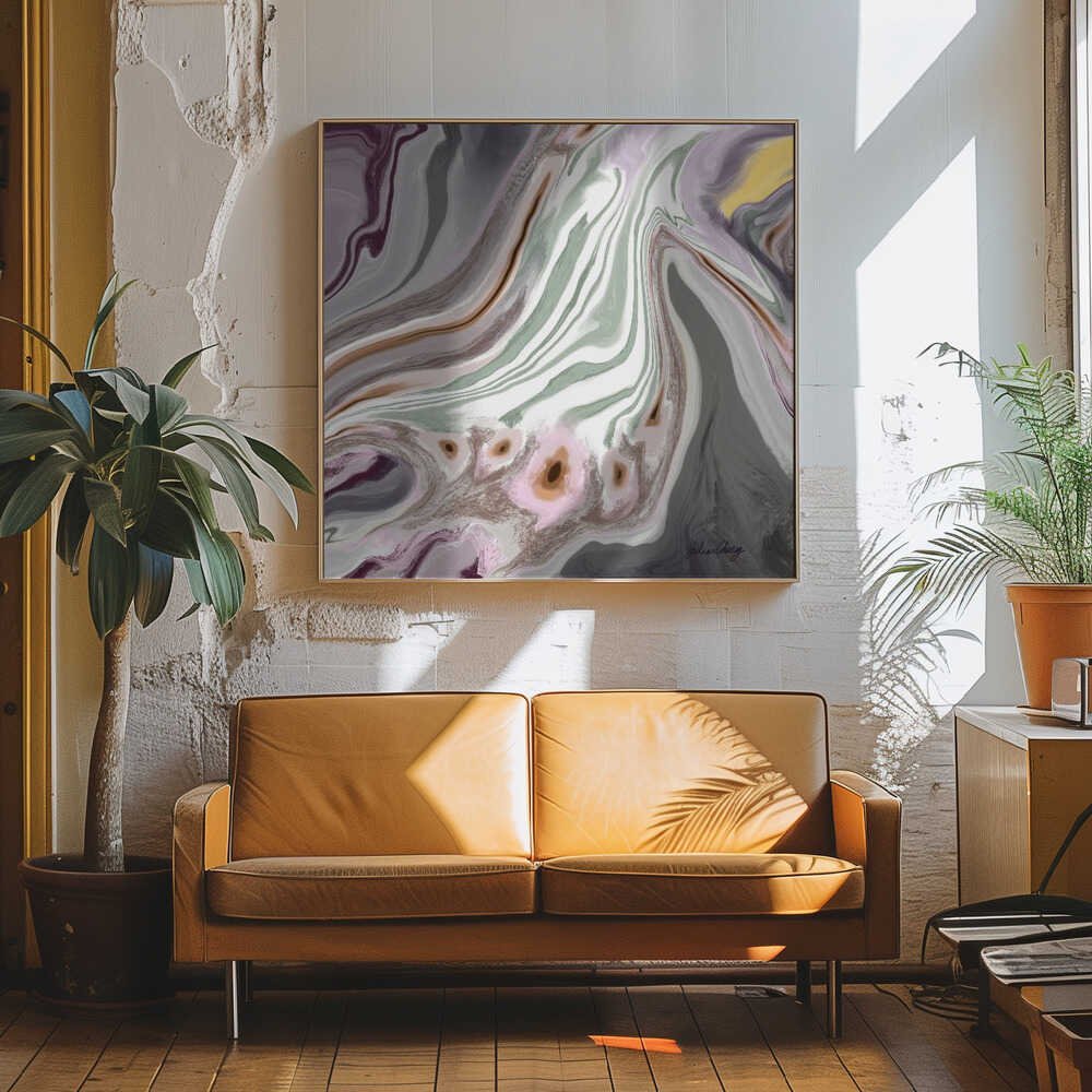 Abstract Mauve, Gray, Sage W Yellow Accent Julia Cheney - Square Stretched Canvas, Poster or Fine Art Print - I Heart Wall Art - Poster Print, Canvas Print or Framed Art Print