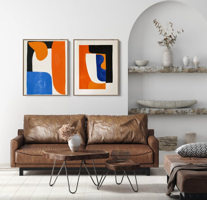 Abstract Notes - Two Piece Geometric Blue and Orange Abstract Print Set - I Heart Wall Art - Poster Print, Canvas Print or Framed Art Print