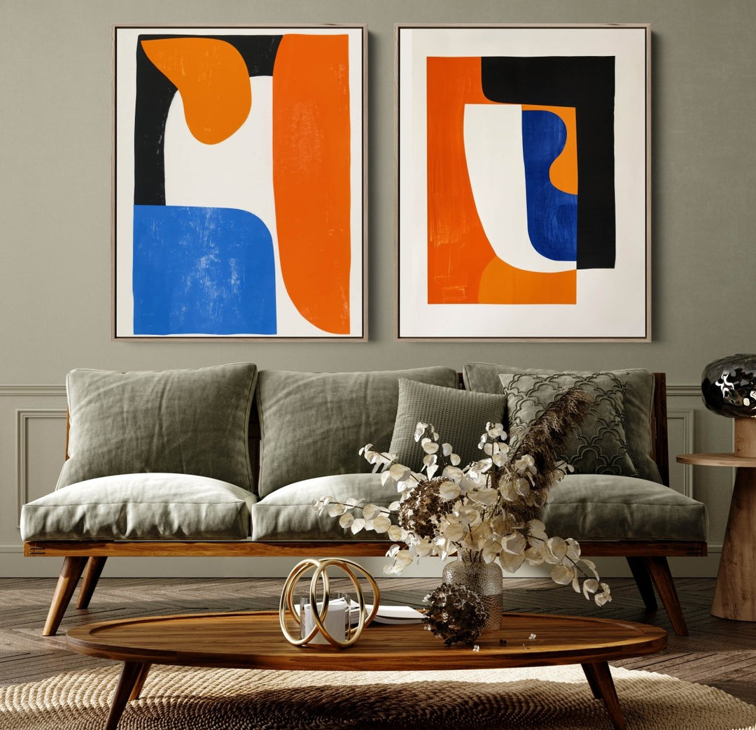 Abstract Notes - Two Piece Geometric Blue and Orange Abstract Print Set - I Heart Wall Art - Poster Print, Canvas Print or Framed Art Print