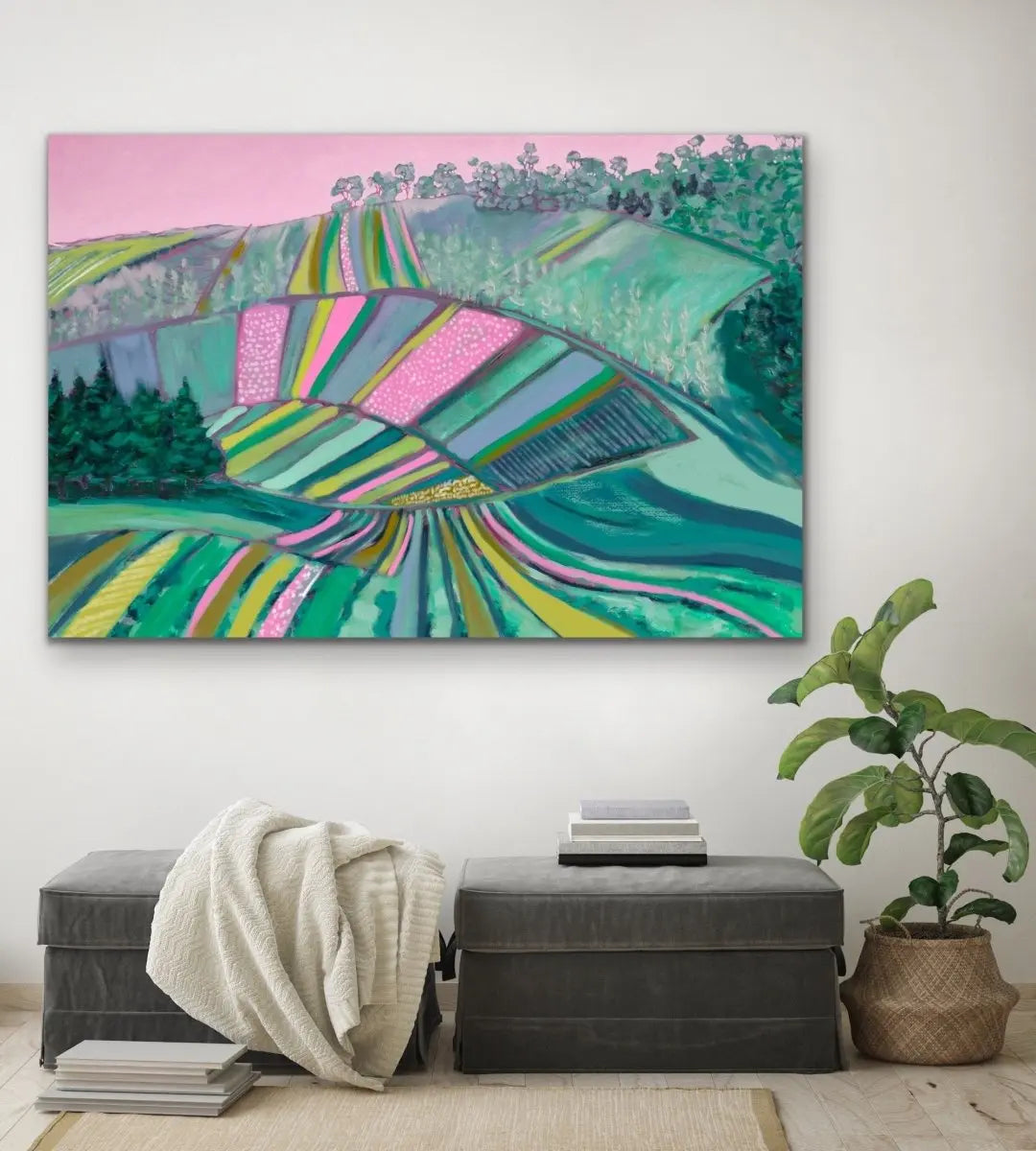 Across The Paddock - Original Australian Farm Painting Stretched Canvas Wall Art Print - I Heart Wall Art - Poster Print, Canvas Print or Framed Art Print