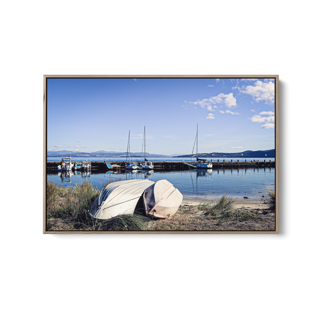 Framed photographic print of alonnah bruny island tasmania featuring a serene harbor with boats and mountains