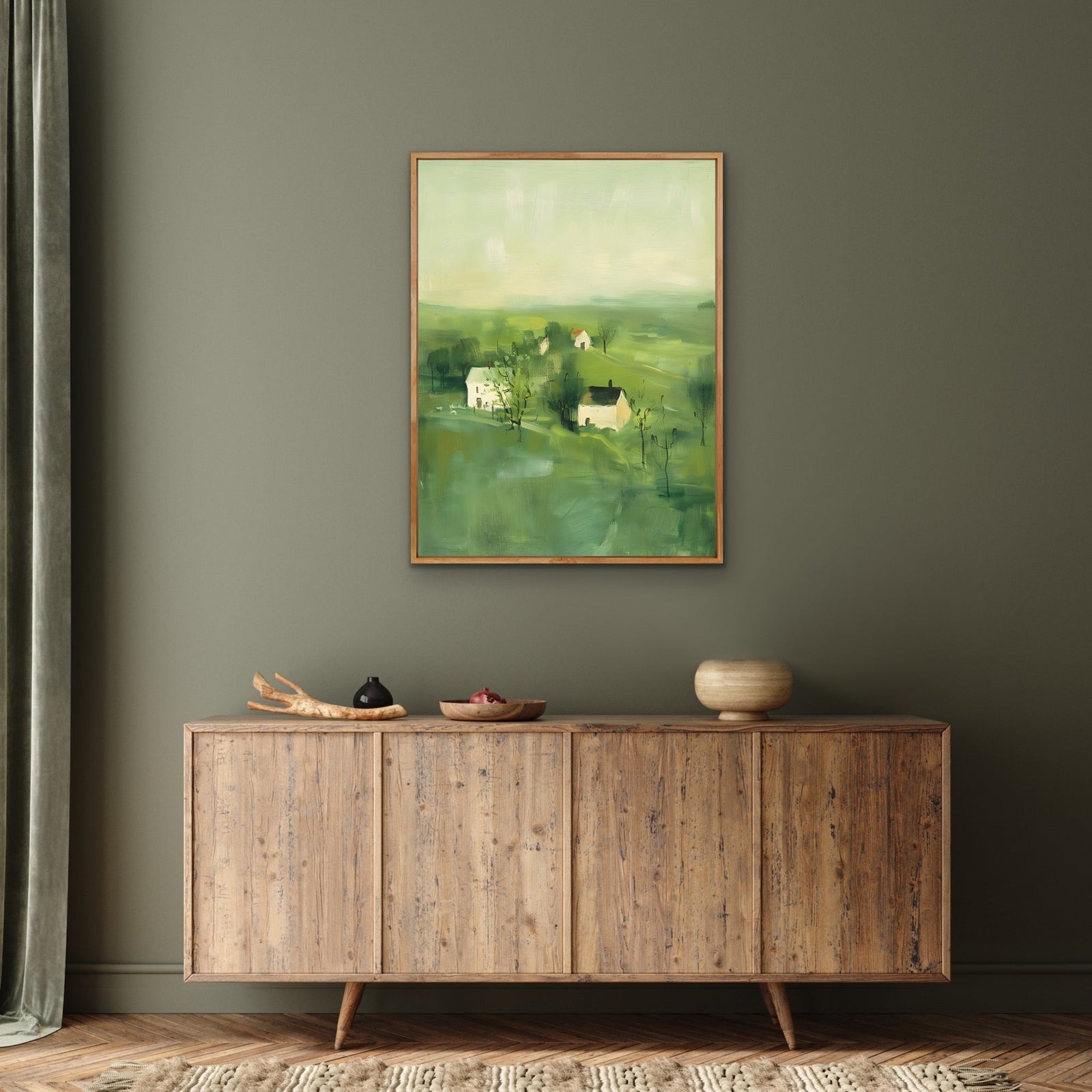 Always Close By - Green Abstract House Landscape, Stretched Canvas or Wall Art Print I Heart Wall Art