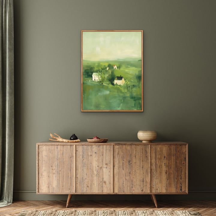 Always Close By - Green Abstract House Landscape, Stretched Canvas or Wall Art Print I Heart Wall Art