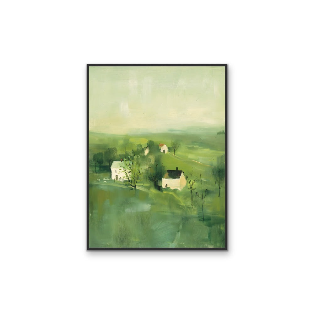 Always Close By - Green Abstract House Landscape, Stretched Canvas or Wall Art Print I Heart Wall Art