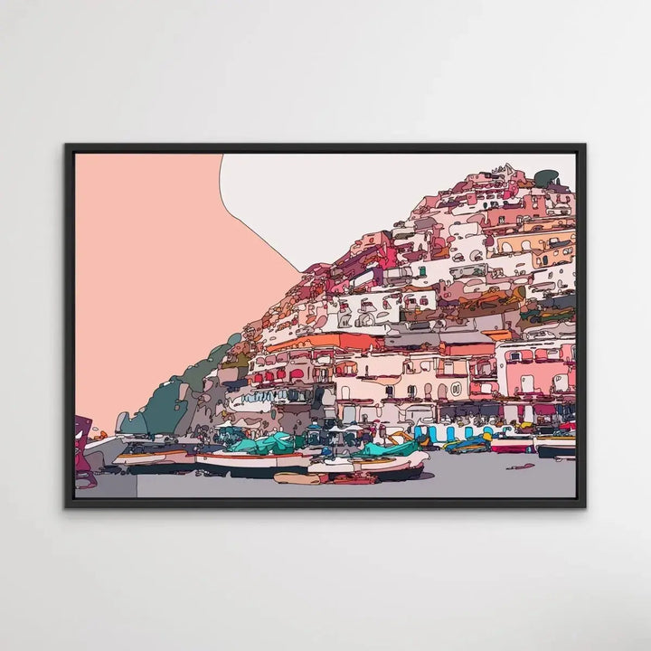 Amalfi Sunset - Pink Amalfi Coast Italian Line Drawing Print - I Heart Wall Art - Poster Print, Canvas Print or Framed Art Print