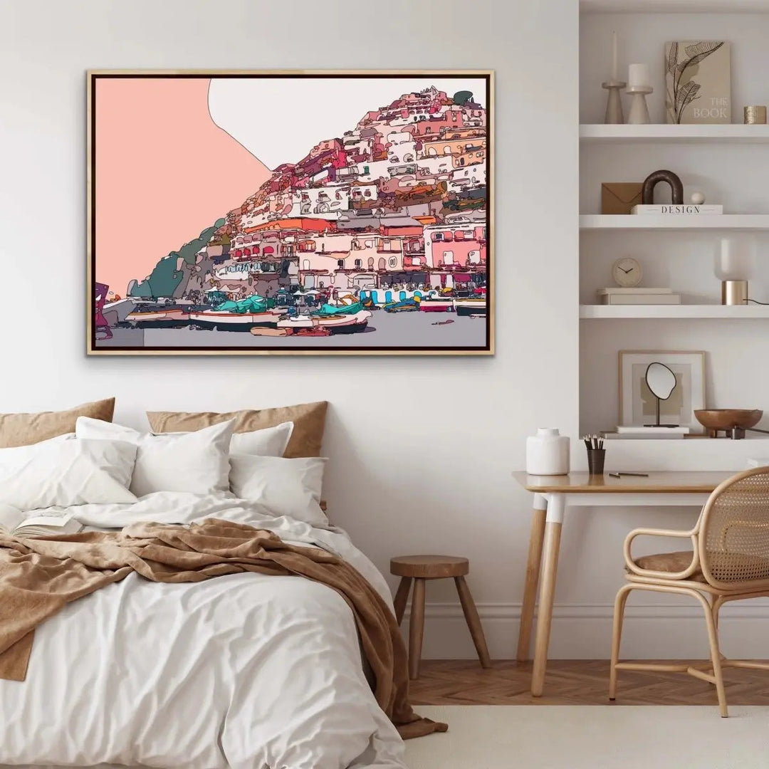 Amalfi Sunset - Pink Amalfi Coast Italian Line Drawing Print - I Heart Wall Art - Poster Print, Canvas Print or Framed Art Print