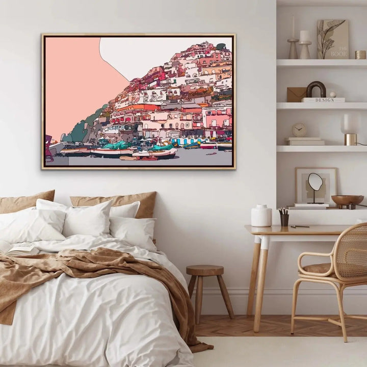 Amalfi Sunset - Pink Amalfi Coast Italian Line Drawing Print - I Heart Wall Art - Poster Print, Canvas Print or Framed Art Print