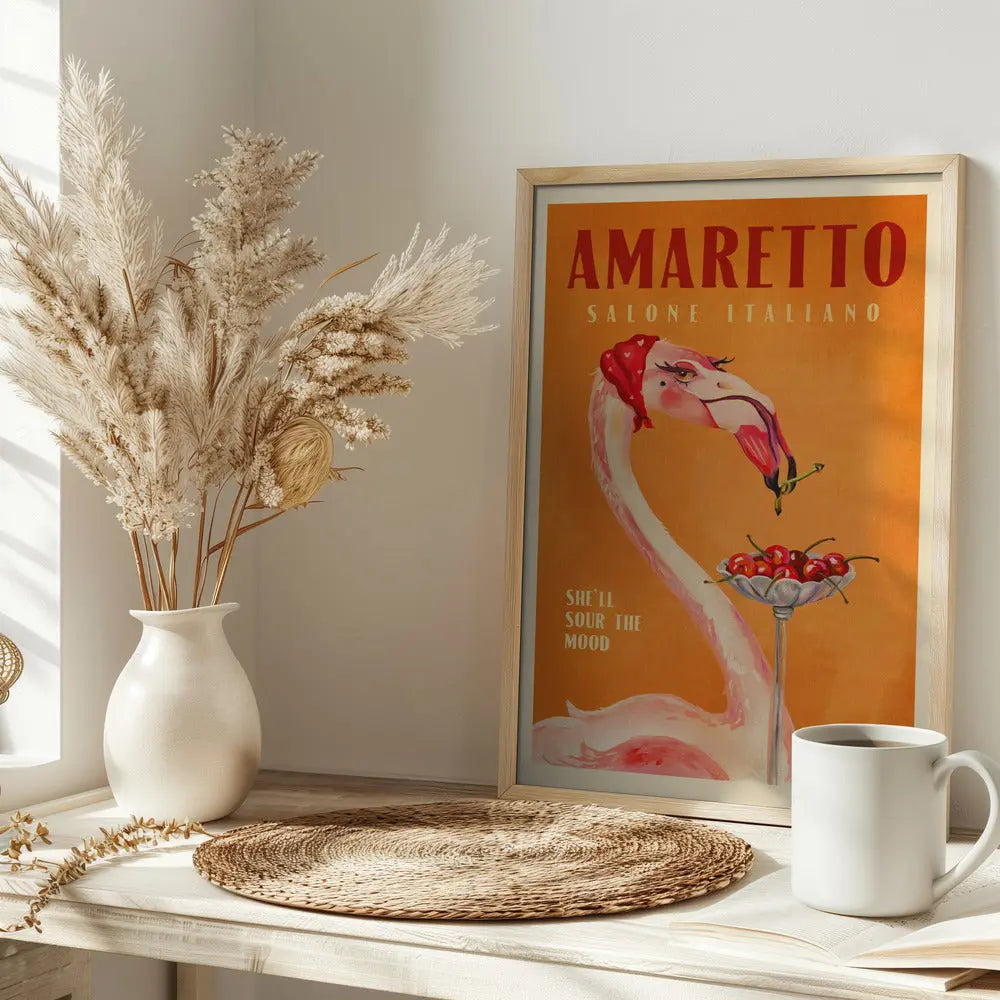 Amaretto Flamingo Art Deco Italian Cafe Travel Art - Stretched Canvas, Poster or Fine Art Print I Heart Wall Art
