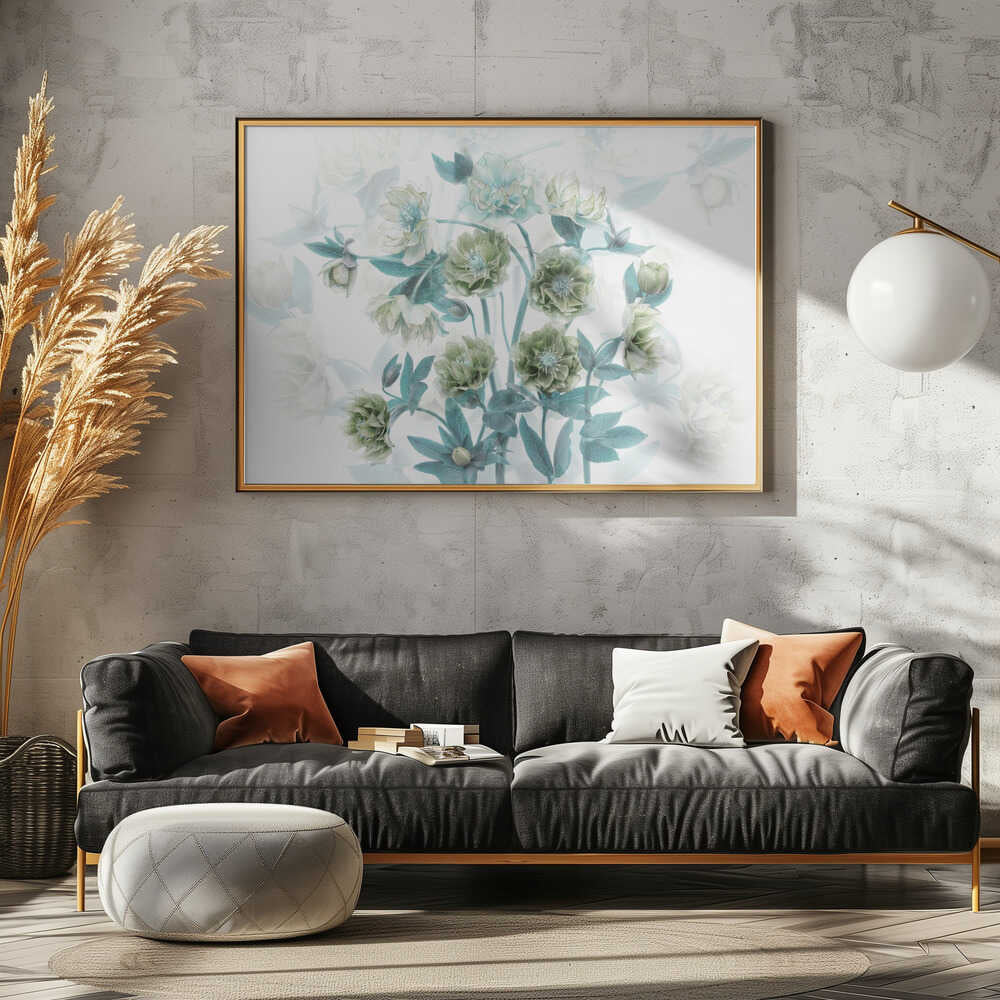 Aqua Green Blooms - Floral Photographic Stretched Canvas Poster or Fine Art Print
