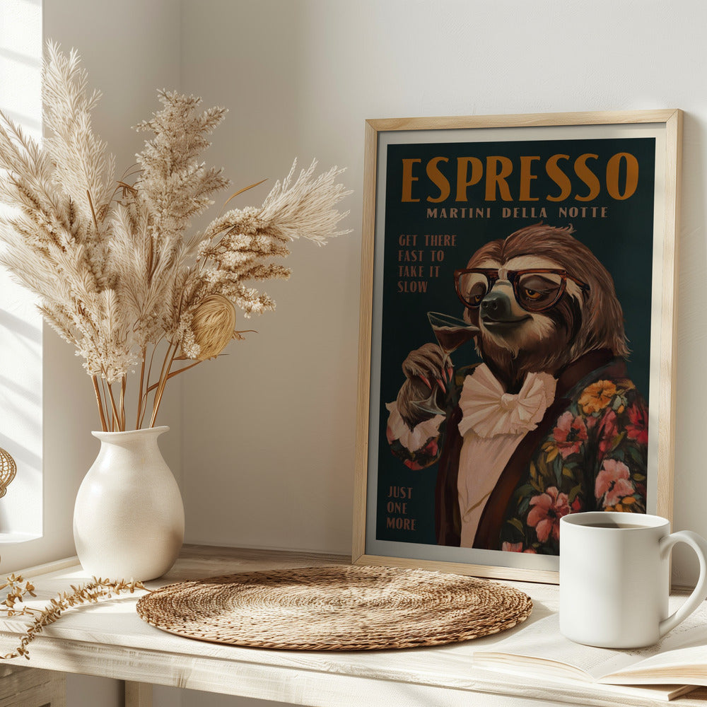 Art Deco Espresso Martini Drinking Sloth - Stretched Canvas, Poster or Fine Art Print I Heart Wall Art