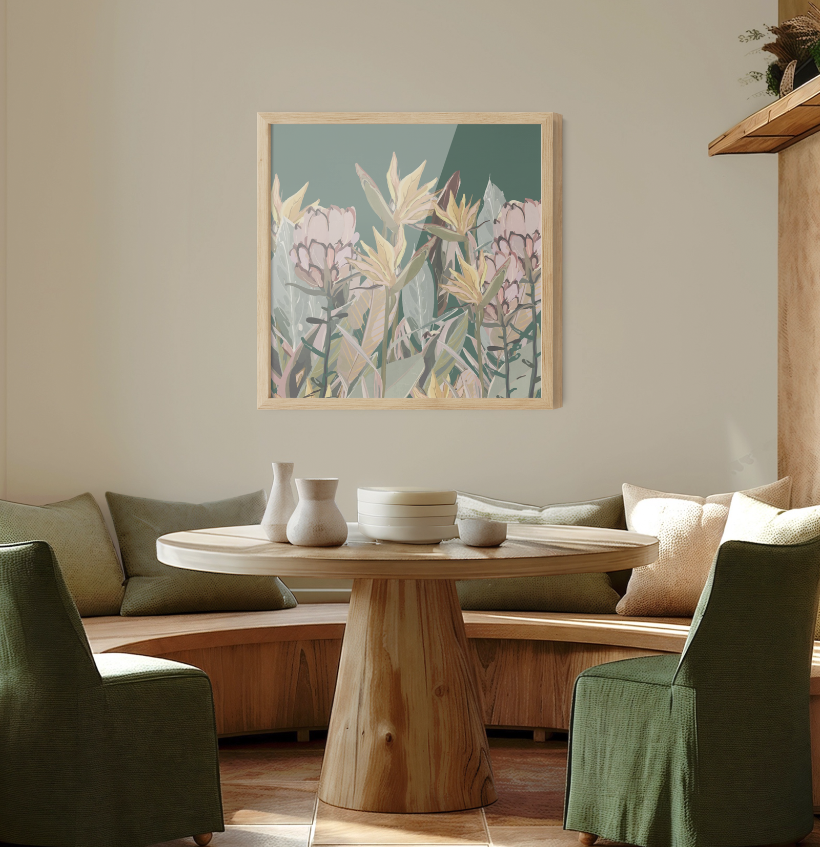 A framed canvas print of Australian native plants with pink and yellow flowers on a muted teal background