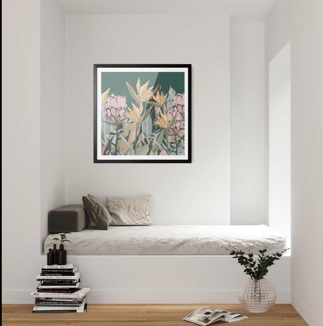 A framed canvas print of australian native plants featuring stylized tropical flowers in pink yellow and green on teal background