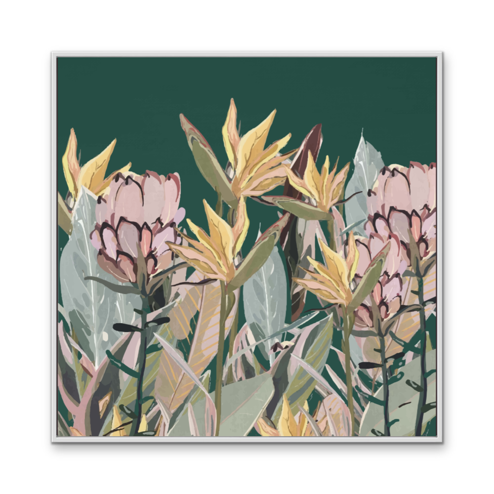 Square canvas print featuring stylized pink and yellow protea flowers on a deep green background Australian native plants design