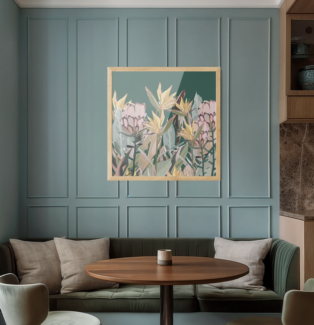 A framed australian garden canvas print featuring stylized pink and yellow native flowers on a teal background