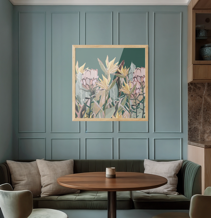 A framed australian garden canvas print featuring stylized pink and yellow native flowers on a teal background