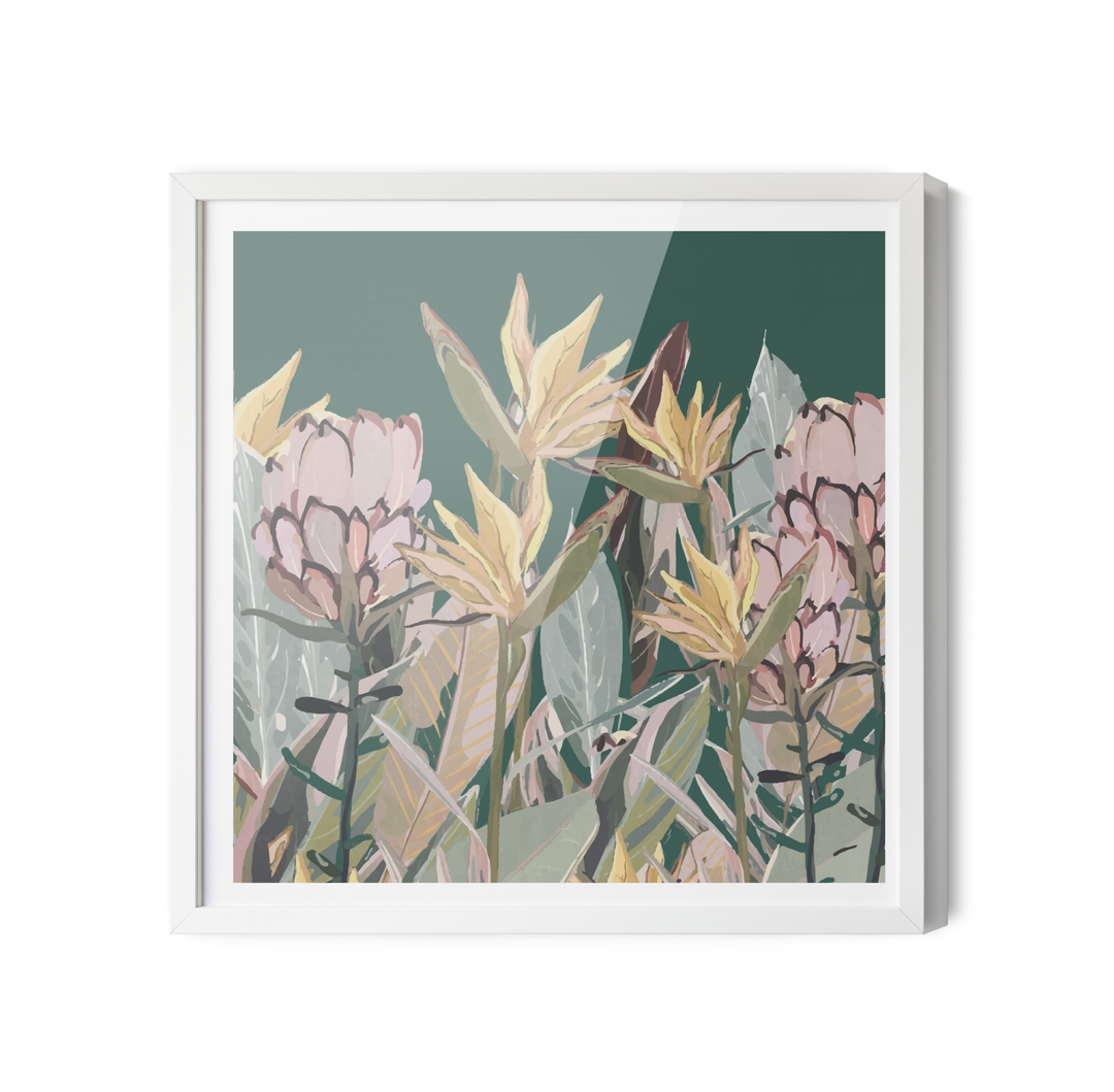 Square-framed australian garden canvas print featuring stylized pink and yellow native flowers on muted green background