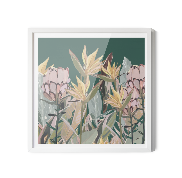 Square-framed australian garden canvas print featuring stylized pink and yellow native flowers on muted green background