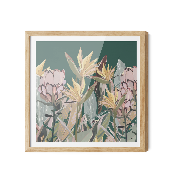 A square-framed canvas print of Australian native plants with pink and yellow flowers on a dark green background