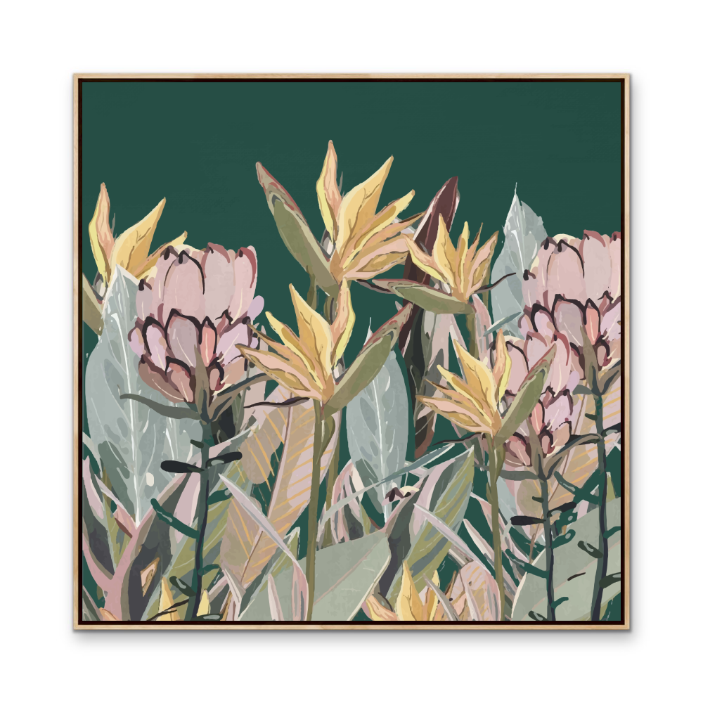 Square canvas print featuring stylized pink and yellow protea flowers on a deep green background titled australian garden